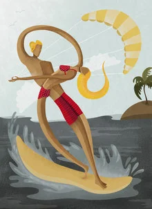 Illustration by Amalia Restrepo: couple enjoying surf fun at the beach.