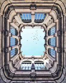 Photo art by Roc Isern: Baroque frame against an urban backdrop in Barcelona.