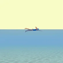 Wall art by Caterina Theoharidou: swimming girl in the sea with gentle pastel colors