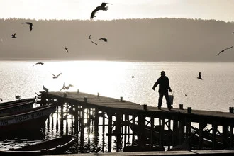 Fotokunst von Katharina Stöcker: Holzboote im Hafen bei Sonnenuntergang, Möwen fliegen darüber.