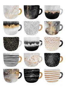 Bright illustration of coffee cups in a welcoming kitchen scene.
