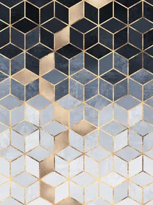 Abstrakte Illustration mit blauen, sanften Farbverläufen und geometrischen Würfeln