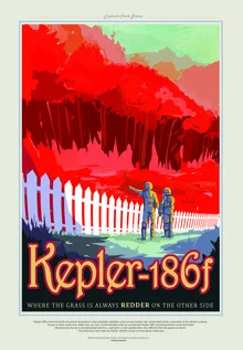 Wall art featuring a red landscape on Kepler-186f, creating a calm atmosphere.