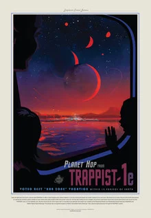 Illustration eines Exoplaneten mit rotem Himmel und futuristischen Elementen.