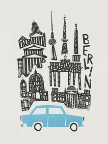 Illustration of a Berlin cityscape featuring a Trabant and typography elements.