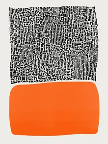 Wall art featuring warm colors and abstract shapes of a city sunset.
