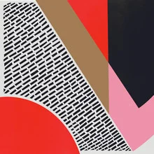 Abstrakte Illustration mit geometrischen Formen in kräftigen Farben und sanften Linien.