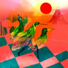 Wall art featuring colorful birds in a cheerful parade, lively and inviting.