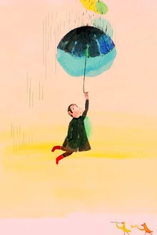 Wall art by Alexandra Sternin: colorful monkey with umbrella in a dreamland