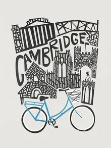 Illustration eines Stadtbildes mit Fahrrädern und historischen Gebäuden in Cambridge.