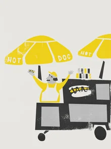 Illustration of a New York hot dog vendor in a lively street scene.