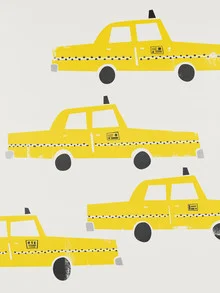 Illustration by Fox And Velvet: vibrant NYC taxis in an urban scene