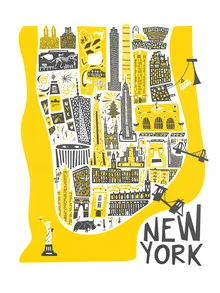 Illustration of a Manhattan map with typographic elements and landmarks.