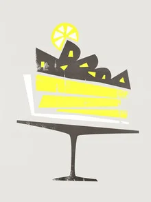 Illustrierte Torte mit Zitronenmotiv und bunten Details, fröhlicher Küchenstil.