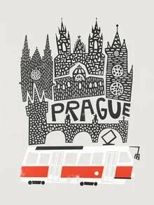 Wandbild mit einer stilisierten Stadtansicht von Prag, Straßenbahn und Gebäuden.