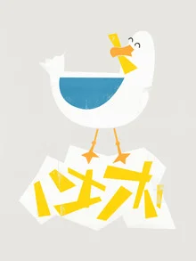 Wall art by Fox And Velvet: a hungry seagull with chips by the sea