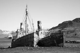 Photo art by Angelika Stern: Old whaling ships in the serene setting of Grytviken