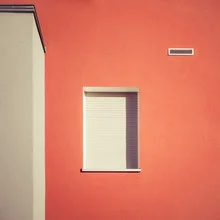 Photo art by Ezra Portent: minimalist facade with red lines and shadows