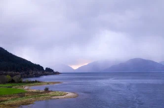 Photo art by Victoria Knobloch: Scottish autumn landscape with rain and soft blue tones.