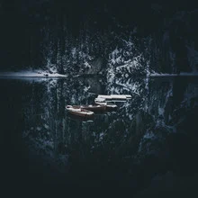 Photo art by Silvio Bergamo: Boat on the calm Braies Lake in the Dolomites