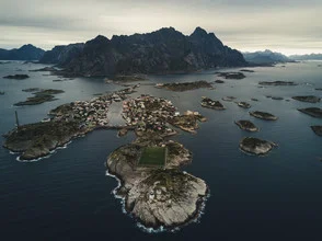 Photo art by Silvio Bergamo: Henningsvaer with a football field and sea view in Norway.