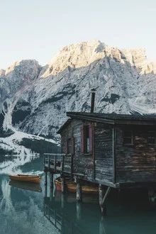 Photo art by Patrick Pfaff: Morning vibes at Lago Di Braies with calm water and mountains.