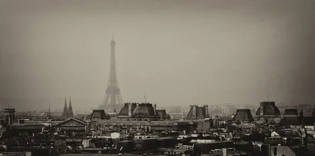 Photo art by Jochen Fischer: Eiffel Tower over the city of Paris in black and white