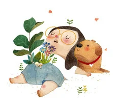 Illustration by Vivian Mineker: cheerful dog dreaming under colorful stars in a child's room