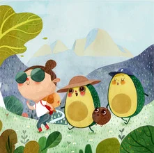 Wandbild von Vivian Mineker: bunte, witzige Zeichnung mit einem Avocado-Berg für Kinder