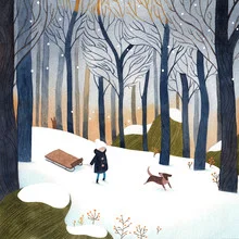 Wandbild von Vivian Mineker: fröhliche Winterlandschaft mit Hund und Schlitten
