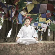 Lumbini girl: a serene snapshot with prayer flags and trees