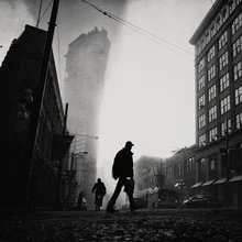 Black and white photo by Jianwei Yang: Gastown in mist and fog