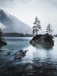Morning mood at Hintersee featuring mountains, trees, and gentle fog.