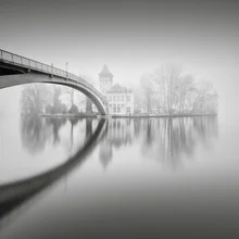 Black-and-white photo art by Ronny Behnert: serene water landscape with fog