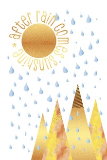 Wall art by Melanie Viola: naive graphic featuring sun, mountains, and raindrops.