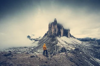 Self-portrait in front of Tre Cime: serene winter landscape with snow-covered mountains
