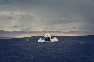 Photo art by Franz Sussbauer: airplane wreck under a rainbow in Iceland