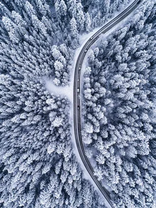 Photo art by Konrad Paruch: winter landscape with snowy forests and a road