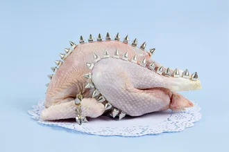 Humorous punk-style chicken, colorful still life with raw elements