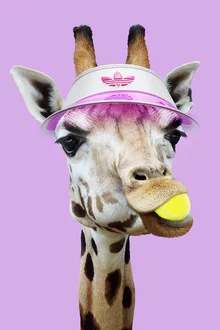 Wandbild einer humorvollen Giraffe im Tennis-Outfit auf violettem Hintergrund