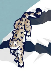 Wall art of a snow leopard in a cold mountain landscape, gentle colors and calm mood