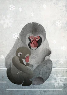 Illustration von Sabrina Ziegenhorn: verspielte Makaken im Schnee kuscheln