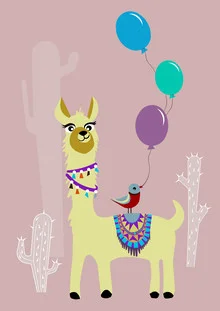 Photo art by Sabrina Ziegenhorn: Alpaca with a small bird in a gentle setting