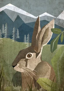 Illustration of a rabbit in nature, soft colors and a calm mood.