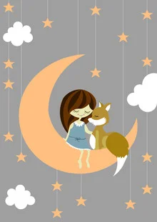 Wandbild von Sabrina Ziegenhorn: Fuchs und Mädchen unter einem Sternenhimmel.