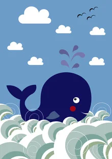 Wall art featuring a whale in the sea, surrounded by gentle waves and a calm atmosphere.