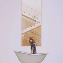 Wandbild von Caterina Theoharidou: eine fantasievolle Darstellung einer Treppe und Badewanne