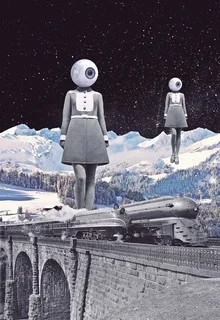 Photo art by Serg Nehaev: collage featuring surreal mountains and a train