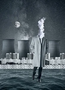 Photo art by Serg Nehaev: surreal collage with a skyline and a full moon.