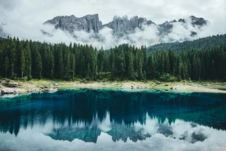 Photo art by Patrick Eichler: serene Karersee reflecting the mountains